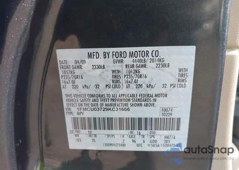 2009 Ford Escape Xlt из США, поврежденный, VIN 1FMCU03729KC31666